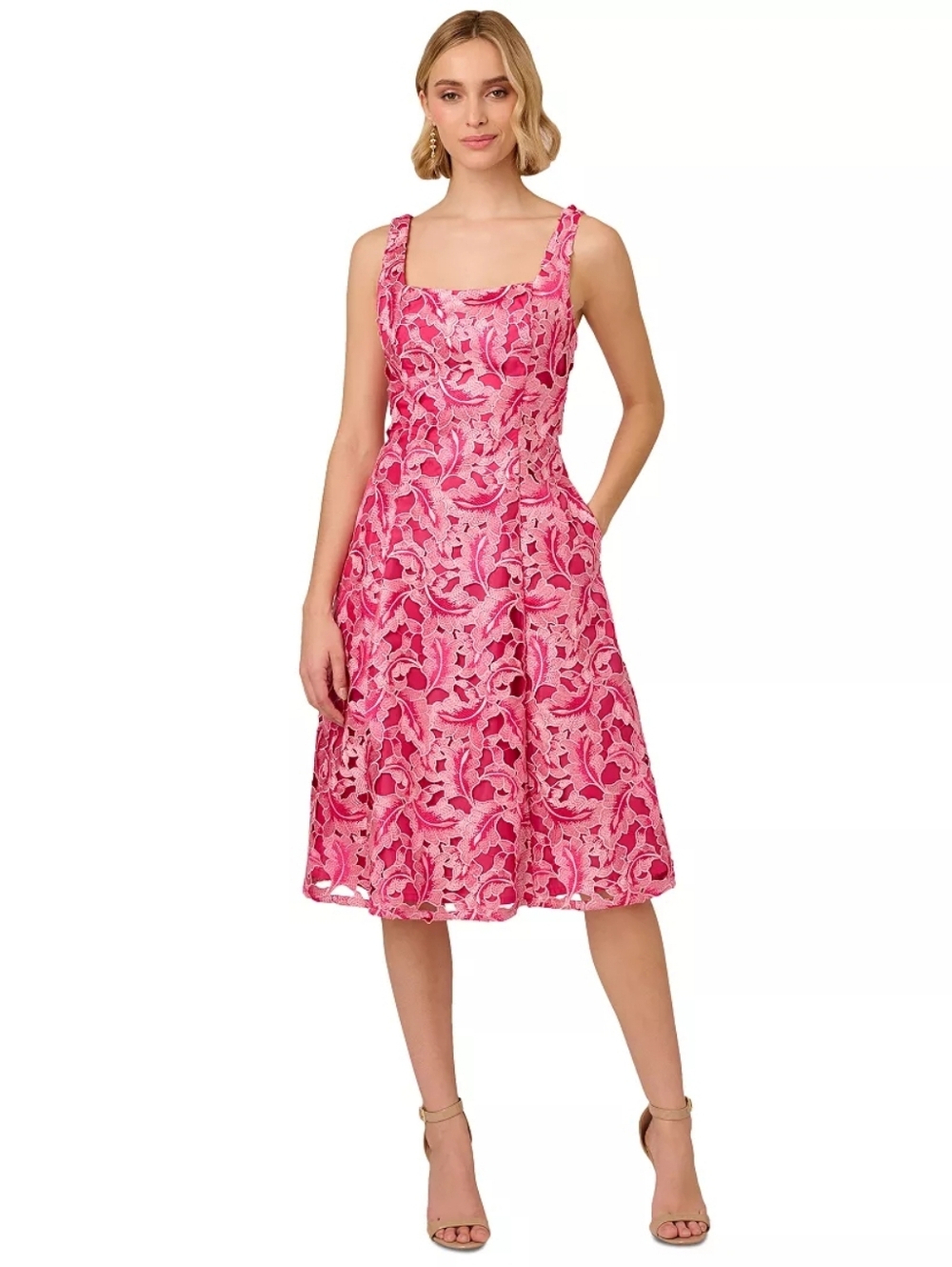 Adrianna Papell Hot Pink Floral Lace Midi Dress, Size 12